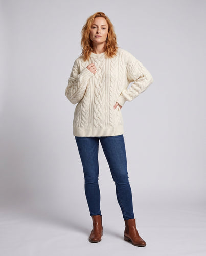 Damen Oversize Zopfmuster-Pullover mit Rundhalsausschnitt und Ballonärmeln Echo Archiv