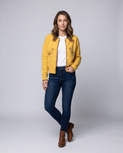 Damen Strickcardigan mit verspieltem Hundemotiv, Rippbündchen und Perlmuttknöpfen Echo Archiv