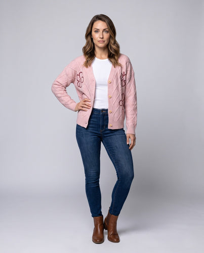 Damen Strickcardigan mit Zopfmuster und Blumenstickerei Echo Archiv