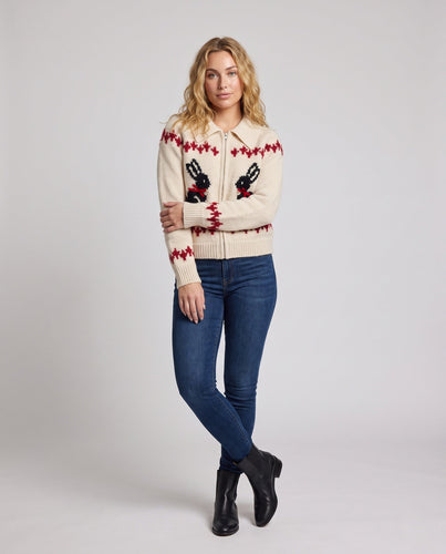 Damen Strickjacke mit Reißverschluss und intarsiertem Kaninchenmotiv Echo Archiv