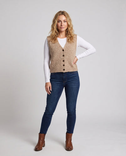 Damen Strickweste mit V‑Ausschnitt, Bouclé‑Texture und Holzknopfleiste Echo Archiv