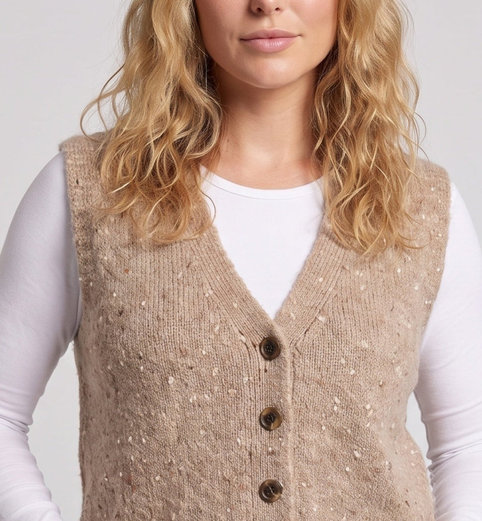 Damen Strickweste mit V‑Ausschnitt, Bouclé‑Texture und Holzknopfleiste Echo Archiv
