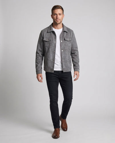 Herren Kurzjacke im Trucker‑Stil aus Velourslederimitat mit Innenfutter und Druckknopfleiste Echo Archiv