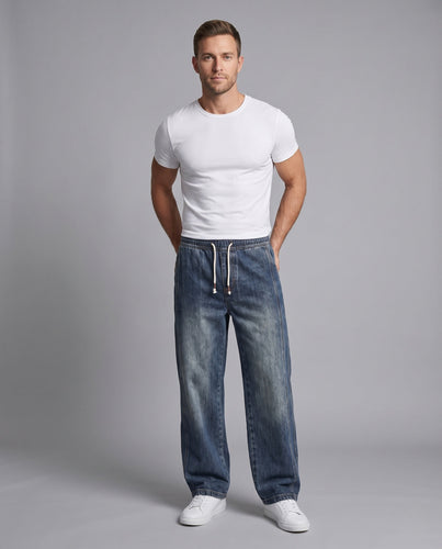 Herren Locker geschnittene Jeans mit elastischem Tunnelzugbund und geradem Bein Echo Archiv