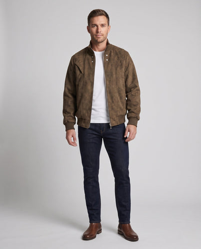 Herren Premium-Bomberjacke im Velours-Look mit hochschließendem Rippkragen Echo Archiv