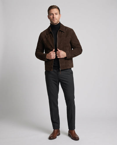 Herren Kurzjacke aus Wildleder mit Reißverschluss, Hemdkragen und geradem Saum Echoarchiv