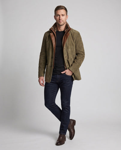 Herren Sakko-Jacke mit Lederbesatz und Stehkragen Echoarchiv