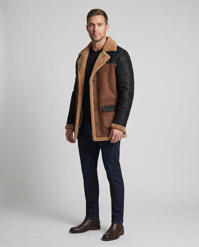 Herren Vintage‑Aviatorjacke im Lammfell‑Look mit Kontrastärmeln Echoarchiv