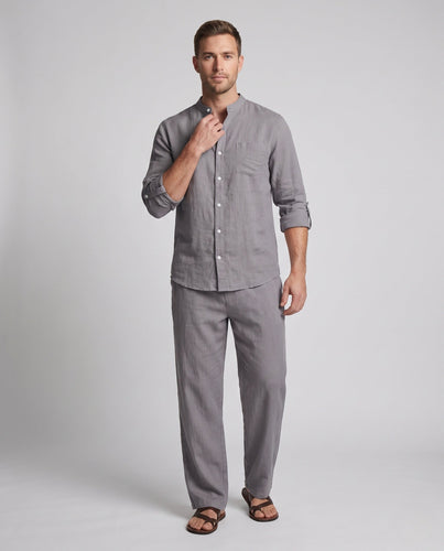 Herren Lässiges Leinen-Set mit Stehkragen-Hemd und weiter Lounge-Hose Echoarchiv