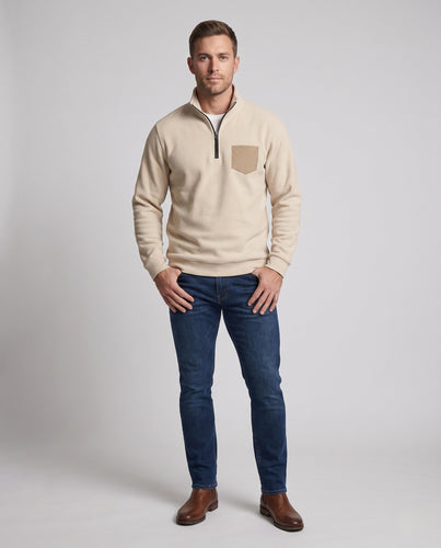 Herren Sweatshirt mit kurzem Reißverschluss am Stehkragen und kontrastierter Brusttasche Echoarchiv