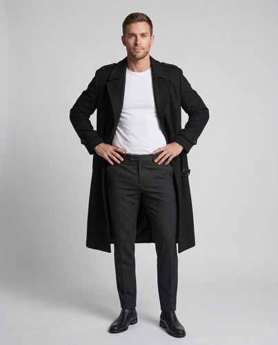 Herren Longline-Wollmantel mit schmalem Schalkragen schlanker Silhouette und seitlichem Gehschlitz Echoarchiv