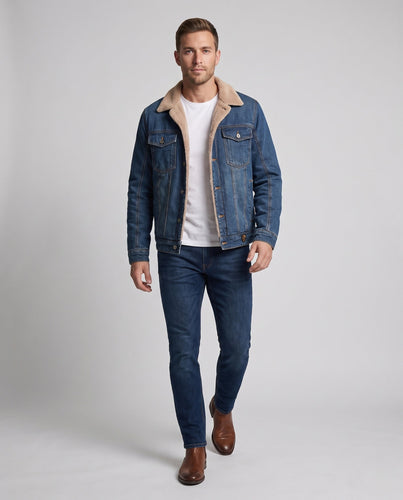 Herren Gefütterte Jeansjacke mit Teddyfutter und Knopfleiste Echoarchiv