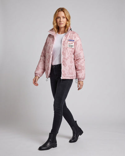Damen Gepolsterte Teddy-Print-Steppjacke mit Stehkragen und Kordelzug Echoarchiv