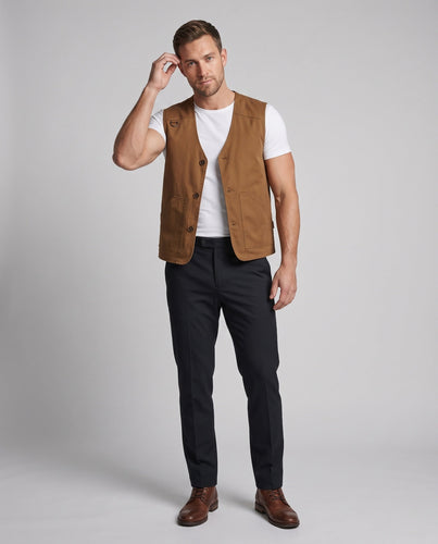 Herren Ärmellose Denim-Utility-Weste mit Karofutter V-Ausschnitt und großformatigen Fronttaschen Echoarchiv