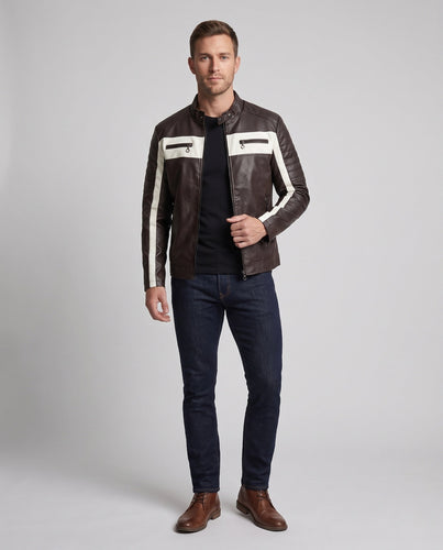 Herren Biker-Lederjacke im Racing-Style mit Stehkragen und Kontraststreifen Echoarchiv