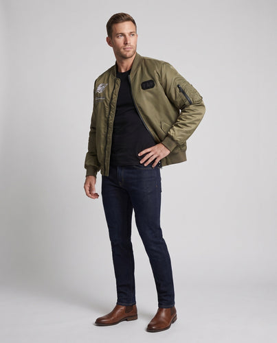 Herren Bomberjacke im Pilotstil mit gestickten Space-Details und Reißverschluss-Ärmeltasche Echoarchiv