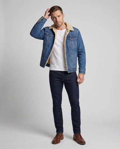Herren Gefütterte Denim-Jeansjacke mit Teddyfutter, hohem Kragen und Thermoisolierung Echoarchiv