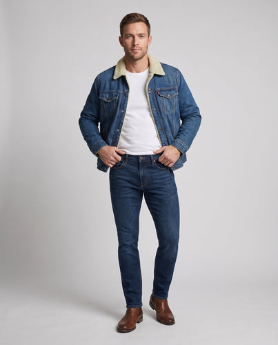 Herren Gefütterte Denim-Truckerjacke mit Teddyfleece-Innenfutter Echoarchiv