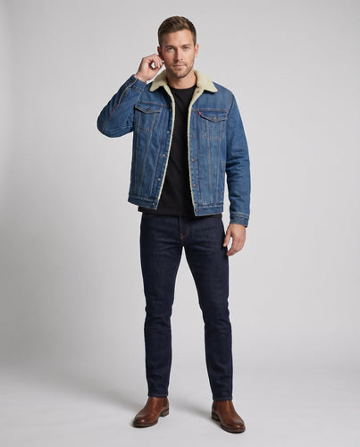 Herren Gefütterte Denim-Truckerjacke mit Teddyfutter und Kontrastnähten Echoarchiv