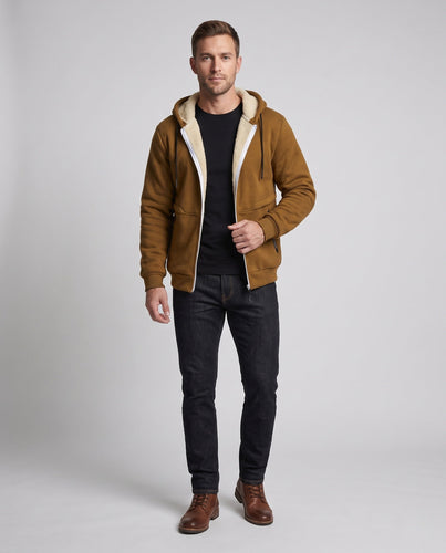 Herren Kapuzen-Fleecejacke mit Teddyfutter, durchgehendem Reißverschluss und Reißverschlusstasche Echoarchiv
