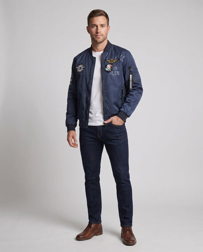 Herren Satin-Bomberjacke im Pilot-Design mit gestickten Patches und Mehrfachtaschen Echoarchiv