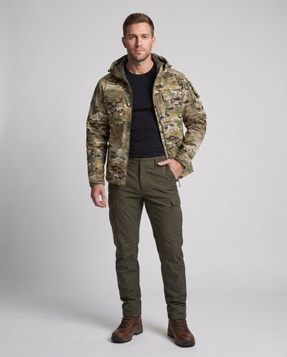 Herren Taktische Softshell-Jacke mit Kapuze, Multifunktionstaschen und Zip-Ärmeln Echoarchiv