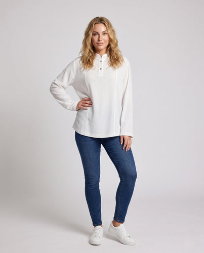 Damen Moderne Oversized Bluse mit Stehkragen und Knopfleiste Echo Archiv