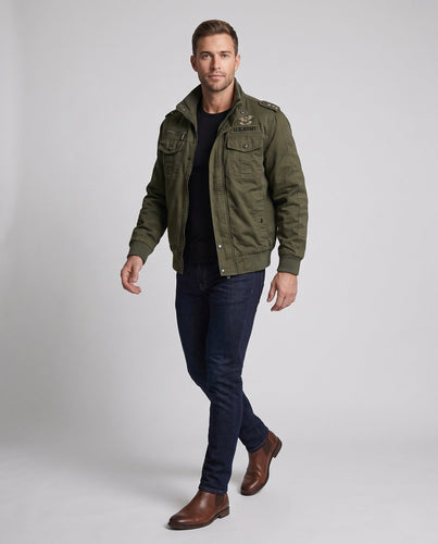 Herren Gefütterte Canvas-Fieldjacke im Military-Worker-Stil mit Teddyfleece-Kragen Echoarchiv