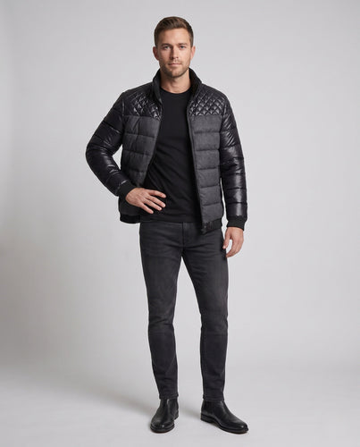 Herren gesteppte Thermo-Materialmix-Jacke mit hochschließendem Strickkragen Echoarchiv