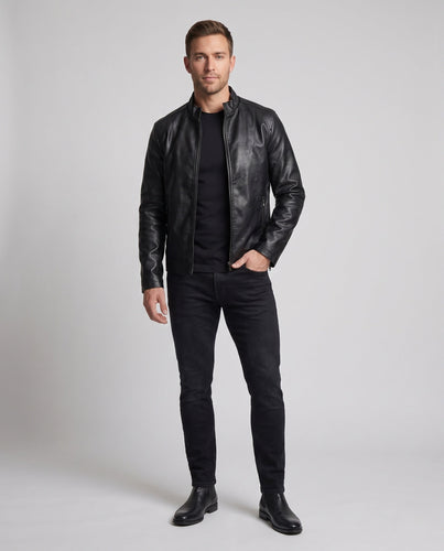 Herren schmal geschnittene Biker‑Blousonjacke in Lederoptik mit hochschließendem Kragen und thermoisolierter Innenlage Echoarchiv