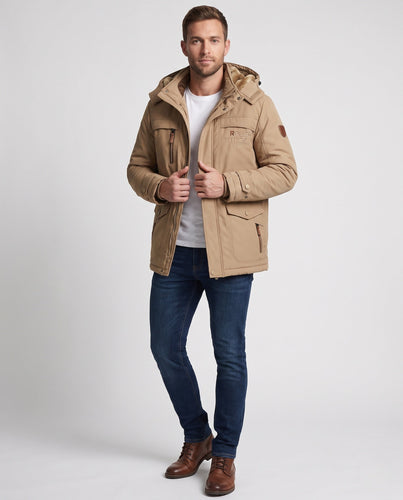 Herren gefütterte Canvas-Outdoorjacke mit Teddy-Innenfutter, verstärkten Taschen und hohem Kragen Echoarchiv