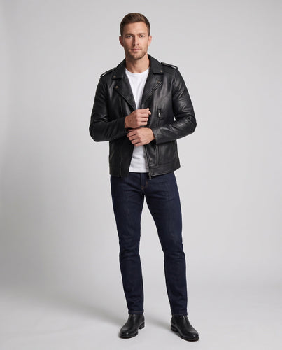 Herren Kunstleder-Motojacke im Slim-Fit mit Schulterpatten und Zipper‑Details Echoarchiv