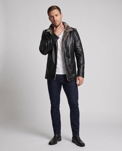 Herren Kunstleder‑Pilotenblouson mit Teddyfleece‑Innenlage und Schulterepauletten Echoarchiv