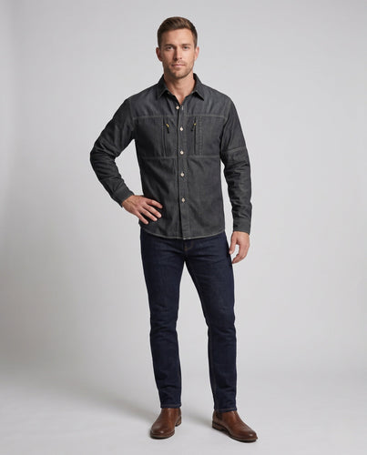 Herren lässige Denim-Hemdjacke mit funktionalen Reißverschluss-Brusttaschen Echoarchiv