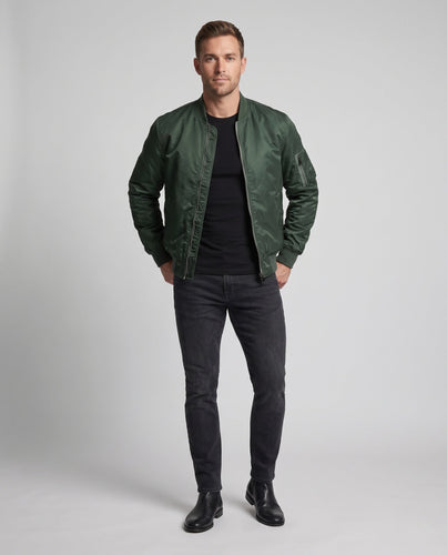 Herren Satinierter Nylon-Bomber im MA-1‑Stil mit Ärmeltasche, Rippbündchen und Zwei‑Wege‑Reißverschluss Echoarchiv