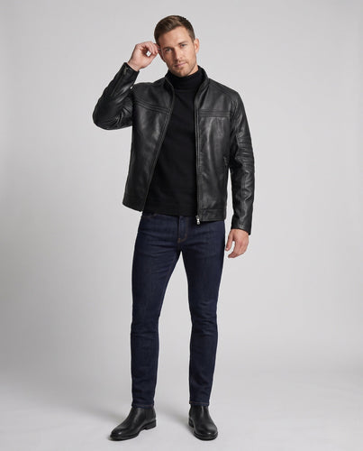 Herren schlanke Kunstleder-Motojacke mit Stehkragen und ergonomischer Ärmelpasse Echoarchiv