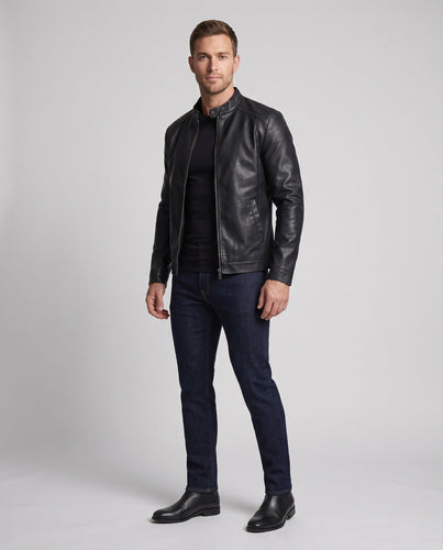 Herren schlanker Lederoptik-Moto-Blouson mit Stehkragen und verdecktem Reißverschluss Echoarchiv