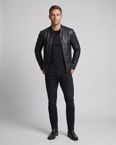 Herren schlanker Moto-Blouson aus Kunstleder mit minimalistischem Stehkragen und verdecktem Reißverschluss Echoarchiv