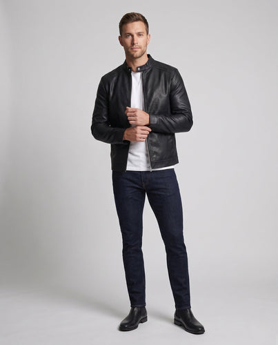Herren taillierter Lederoptik-Blouson im Racer‑Minimalstil mit Stehkragen und verdecktem Reißverschluss Echoarchiv
