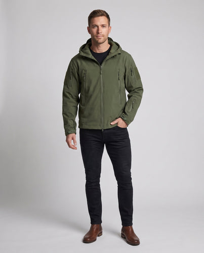Herren Technische Softshell-Taktikjacke mit Kapuze, wasserabweisender Membran und Mehrfachtaschen Echoarchiv