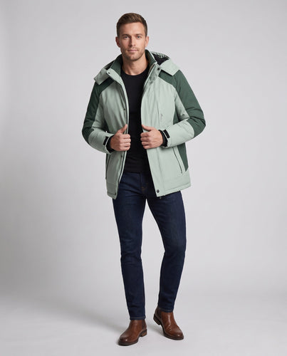Herren Wasserabweisender Thermo-Parka mit hochschließendem Kragen, abnehmbarer Kapuze und Softshell-Einsätzen Echoarchiv
