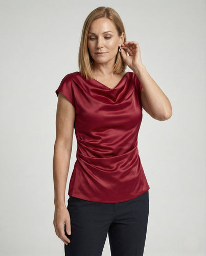 Drapierte Satinbluse Damen Wasserfall Ausschnitt