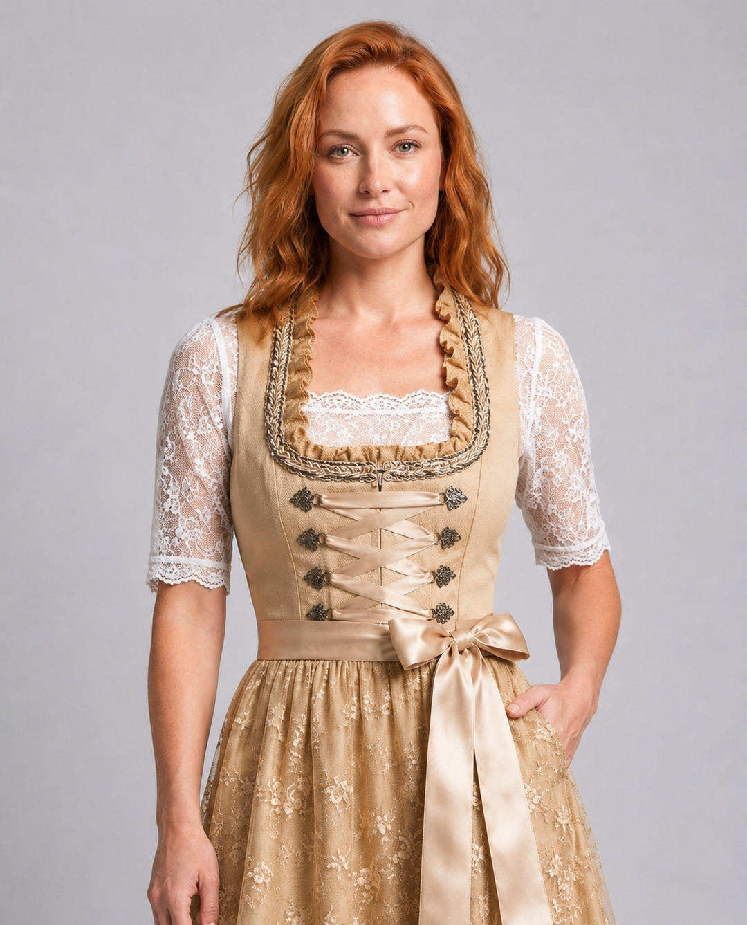 Damen Traditionelles Dirndlkleid mit Schnürmieder, Schürze & Spitzenbluse | Echoarchiv