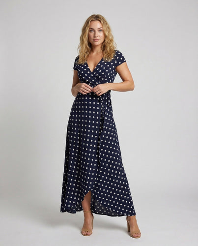 Damen Maxikleid Punkte Wickeloptik