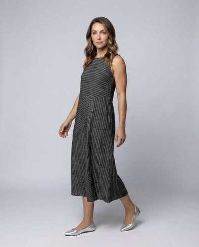 Damen Leinenmix-Midikleid Feine Streifenstruktur