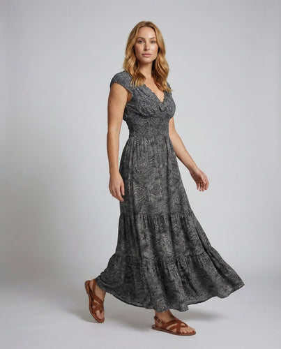 Damen Boho-Maxikleid Kappenärmel Volantrock