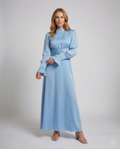 Damen Maxikleid Stehkragen Manschettenärmel