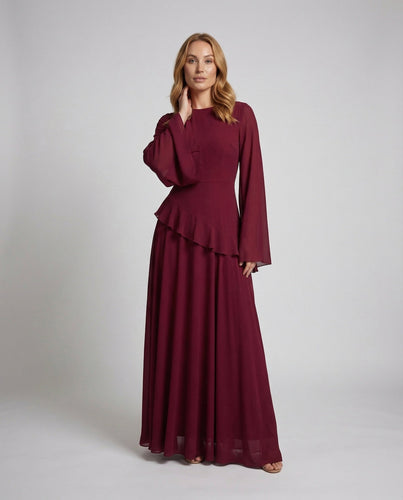 Damen Gala-Maxikleid Glockenärmel Stufenrock