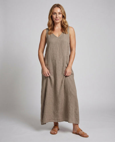 Damen Leinen-Sommerkleid Tiefem V-Ausschnitt