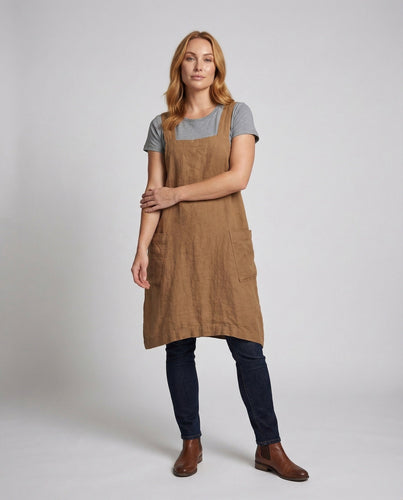 Damen Latzkleid Leinenmischung Quadratischer Ausschnitt